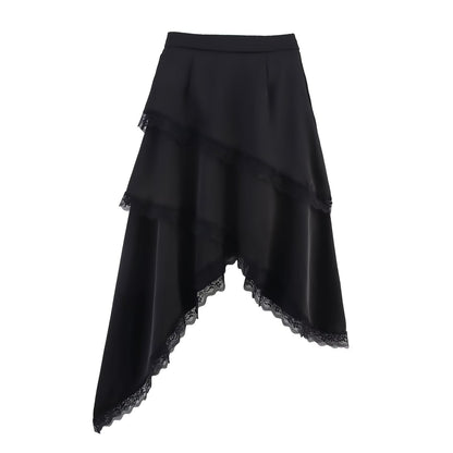 Professional Solid Color Multi-Layer Lace Tiered Skirt - Polyester High-Waisted (Black/White, M-L, College Style)
