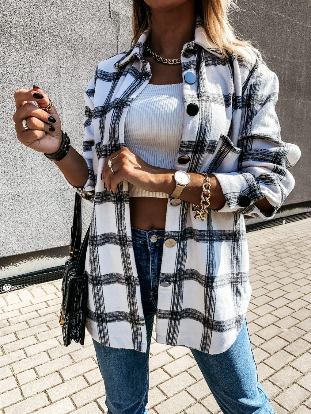 Veste chemise rétro à carreaux à manches longues pour femme