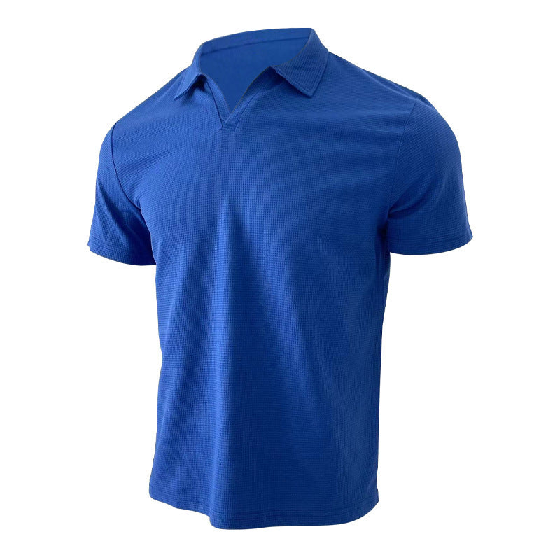 INS Waffle Lapel Short-sleeved T-shirt Summer Fashion Solid Color V-neck Polo Shirt Tops Men's Clothing