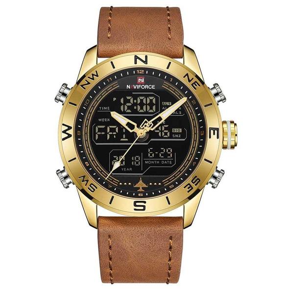 NAVIFORCE 9144 Mode Guld Män Sport klockor Herr LED Analog Digital Watch Army militär läder kvarts klocka Relogio Masculino