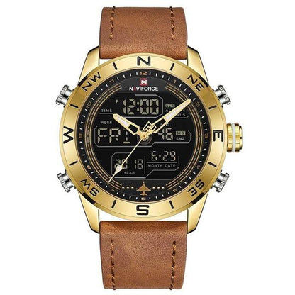 NAVIFORCE 9144 Mode Guld Män Sport klockor Herr LED Analog Digital Watch Army militär läder kvarts klocka Relogio Masculino