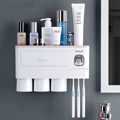 Non-marking Hanging Magnetic Toothbrush Holder Single Drawer Storage Rack With Toothpaste Squeezer Toiletry Set