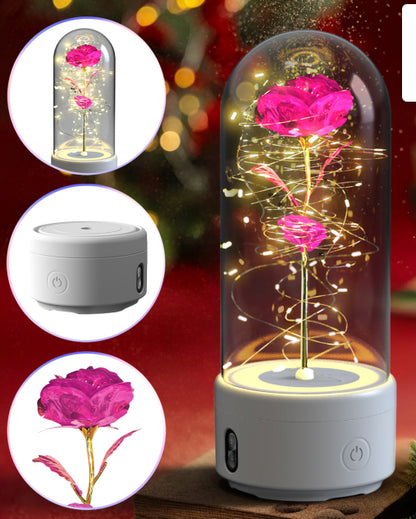 Creative 2 i 1 Rose Flowers LED-ljus och Bluetooth-högtalare Alla hjärtans dag present Rose Lysande Nattljus Ornament i glasskydd