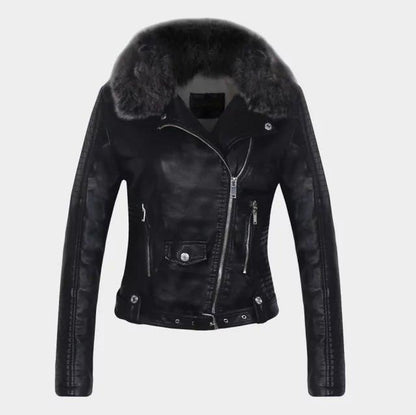 VESTE CHAUDE EN SIMILI CUIR AVEC COL FOURRURE DÉTACHABLE