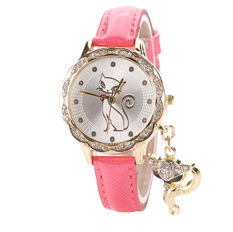 Mode mignon chat modèle montre bracelets horloge cadeau femmes fille montres de luxe diamant analogique en cuir Quartz montres