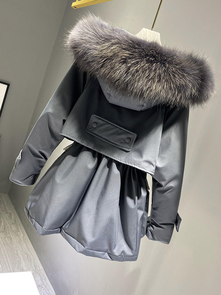 Fashion Hooded Faux Fur krage kvinnors kläder stora Pocket ner jacka Kvinnliga vinter rock Kvinna