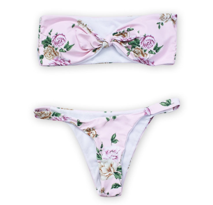 Bandeau Bikini Floral Swimwear Print Swimsuit Brazilian Biquini Sexy Thong Bikinis Set Bow Bathing Suit Maillot De Bain S-L