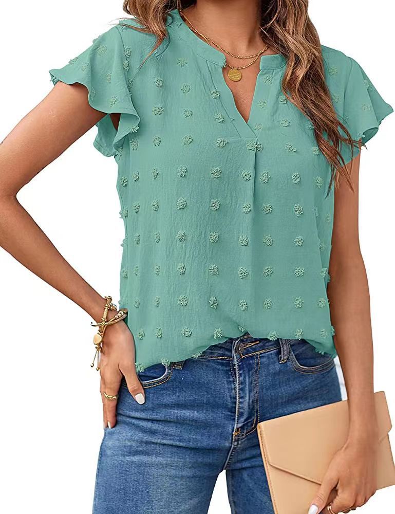 Women Summer V Neck Ruffle Short Sleeve Blouse Dot Flowy Shirt Top