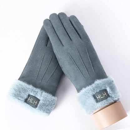 New Winter Female Lace Warm Cashmere Three Ribs Cute Bear Mittens Double thick Plush Wrist Women Touch Screen Driving Gloves 81C