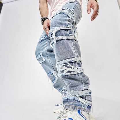 Herrbyxor, långa byxor, lappade, raka, herrjeans med hiphop-mönster