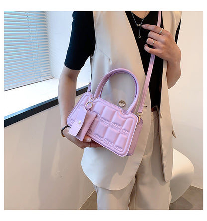 Candy Color Shoulder Bag With Small Wallet Fashion Grid Texture Totes Women Handbag