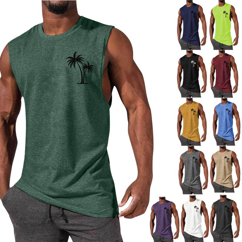 Gilet brodé de cocotier, débardeur de plage d'été, T-shirt d'entraînement musculaire pour hommes, T-shirt de sport et de Fitness