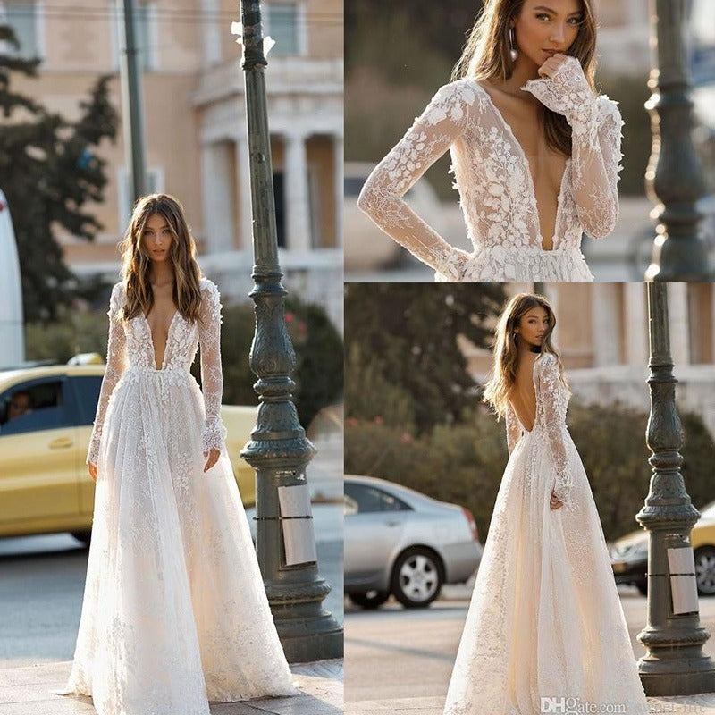 Women's Wedding Dress - Elegant Lace Long Sleeve Gown
