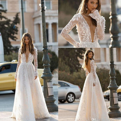 Women's Wedding Dress - Elegant Lace Long Sleeve Gown