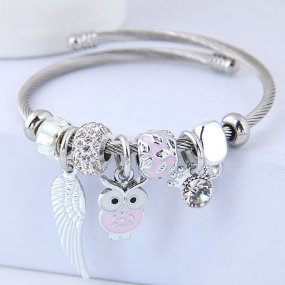 Bracelet en acier inoxydable avec pendentif ailes d'ange hibou perlé bricolage