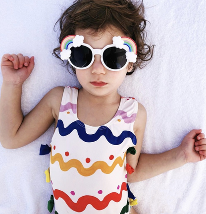 Colorful wave pattern bow conjoined girl swimsuit swimsuit