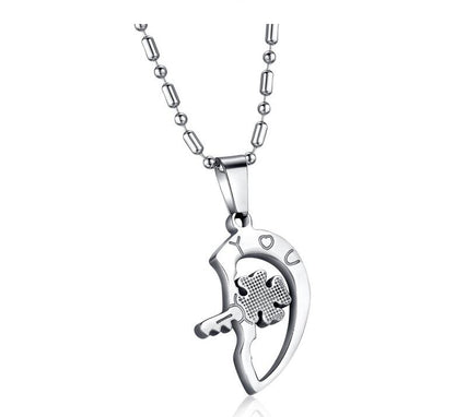 Titanium Steel Rhinestone Key Puzzles Couple Necklace Pendant