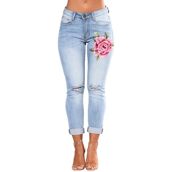 Jean déchiré pour femme, jean crayon, pantalon en Denim