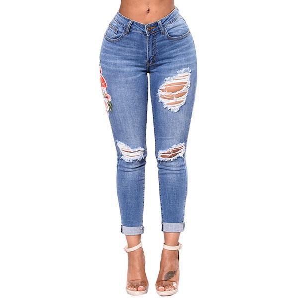 Jean déchiré pour femme, jean crayon, pantalon en Denim