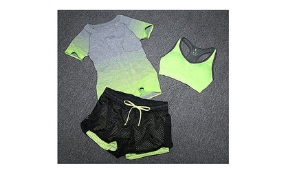 New Women Yoga Sport Suit Bra Set 3 Piece Female Short-sleeved Summer Sportswear Running Fitness Training Clothing