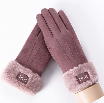 New Winter Female Lace Warm Cashmere Three Ribs Cute Bear Mittens Double thick Plush Wrist Women Touch Screen Driving Gloves 81C