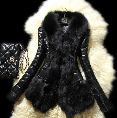 Veste en cuir à grand col fourrure en fausse fourrure