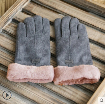 Handskar kvinnlig höst och vinter varm koreansk version Plus sammat tjock fem fingrar Retro Suede Touch Skärmhandskar Söt körning