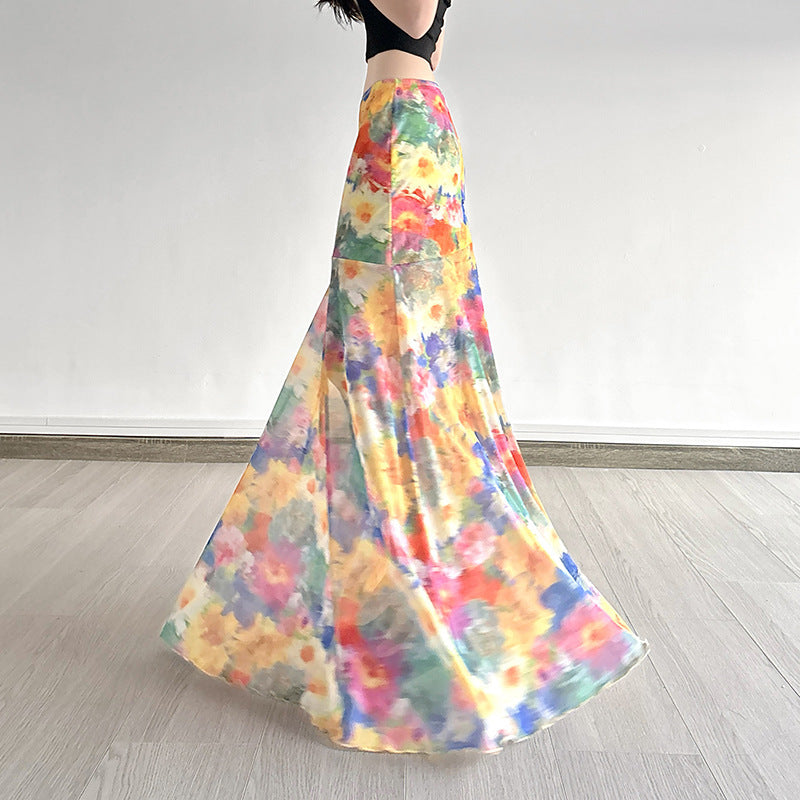 Professional Island Oil Painting Blooming Printed Mesh Skirt - Polyester A-Line (Color/Yellow, S-L, Vacation Socialite)