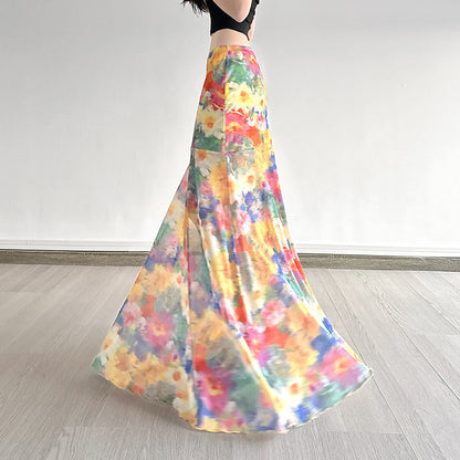 Professional Island Oil Painting Blooming Printed Mesh Skirt - Polyester A-Line (Color/Yellow, S-L, Vacation Socialite)
