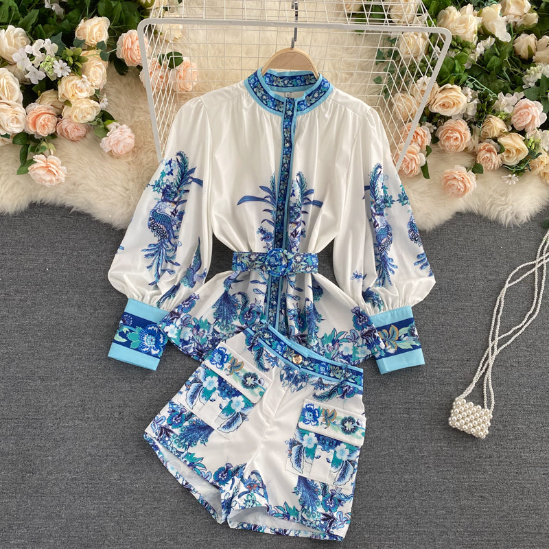 Two Piece Set Women Vintage Printed Pull Sleeve Blouse Tops And Woman Shorts Fashion 2 Piece Set Fall Clothing