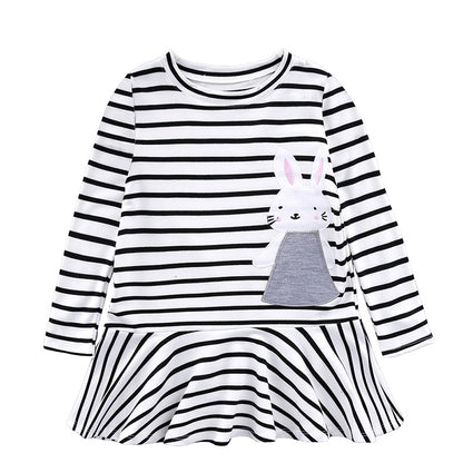 Girls Cotton Striped Bunny Applique Embroidered Baby Long Sleeve Dress Kids