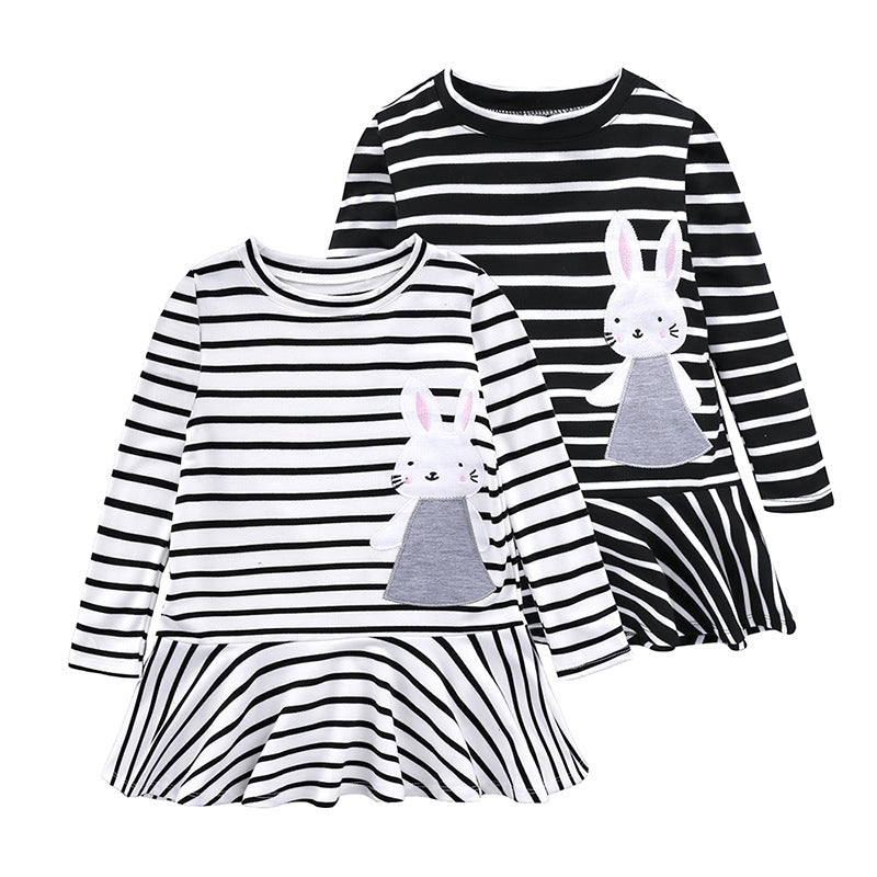 Girls Cotton Striped Bunny Applique Embroidered Baby Long Sleeve Dress Kids