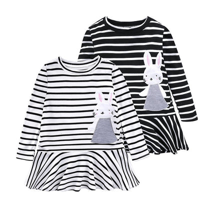 Girls Cotton Striped Bunny Applique Embroidered Baby Long Sleeve Dress Kids