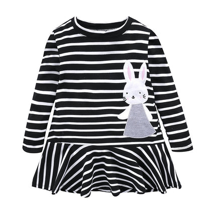 Girls Cotton Striped Bunny Applique Embroidered Baby Long Sleeve Dress Kids