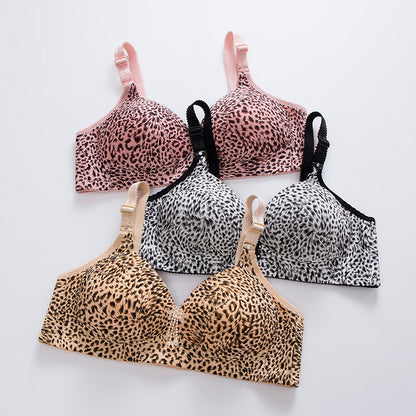 Leopard Print Underwear Women No Steel Ring Gather Bra Middle-Aged Thin Comfortable Bra