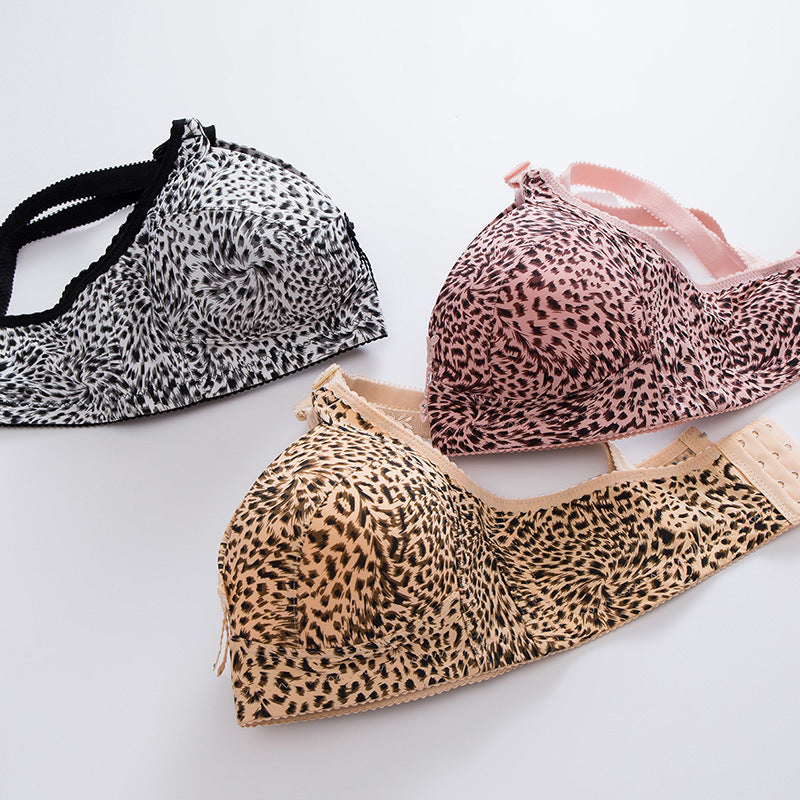 Leopard Print Underwear Women No Steel Ring Gather Bra Middle-Aged Thin Comfortable Bra