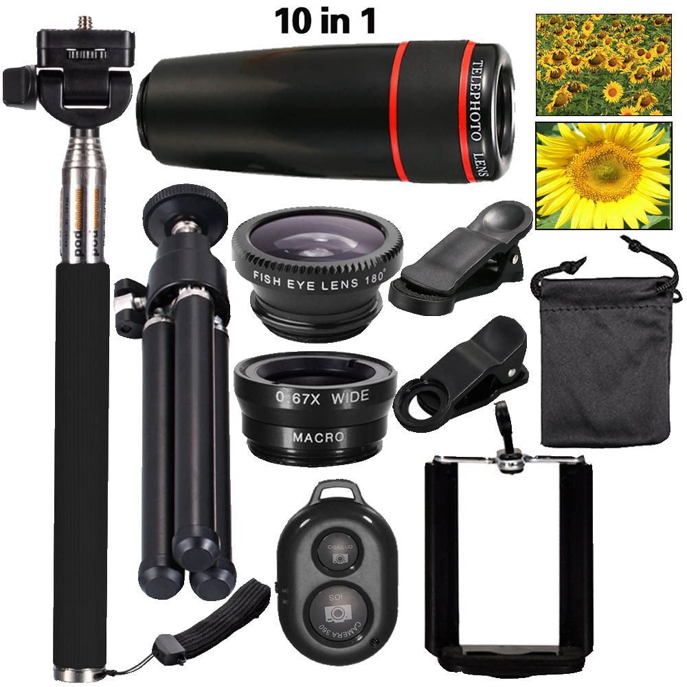 10 in 1 Phone Camera Lens Kit Accessories Travel Telescope Zoom Monopod