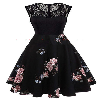 Robe sans manches rétro à imprimé pivoine et fond noir avec coutures