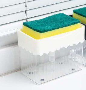 2-i-1 tvåldispenser Sponge Caddy Push-typ flytande låda tvättmedel Automatisk doseringslåda