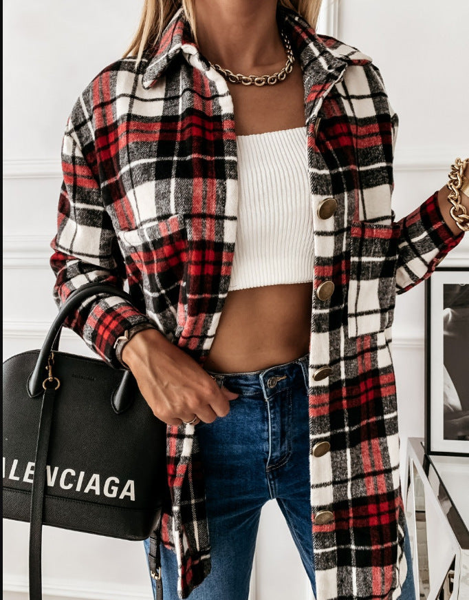 Veste chemise rétro à carreaux à manches longues pour femme