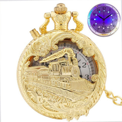 Retro Pocket Watch Locomotive LED Light Literal Creative Quartz Pocket Watch