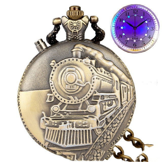 Retro Pocket Watch Locomotive LED Light Literal Creative Quartz Pocket Watch