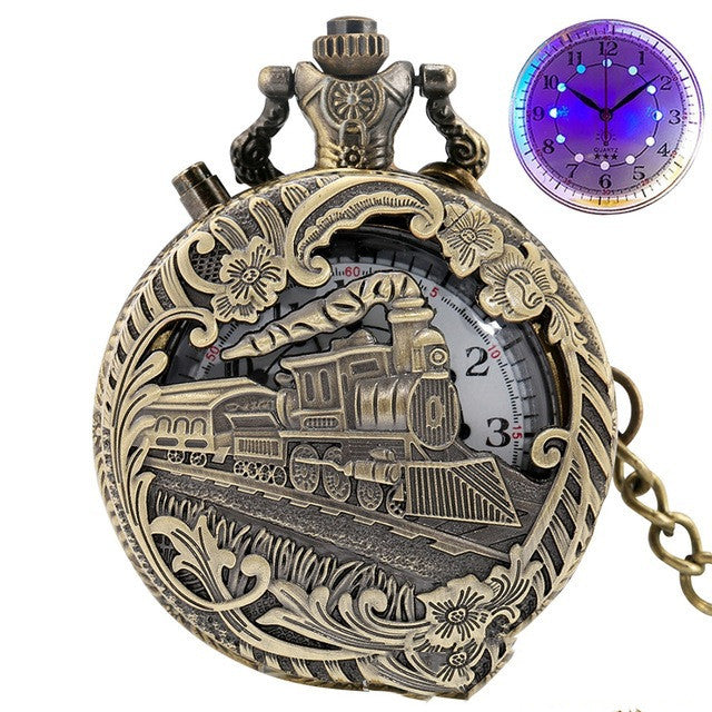 Retro Pocket Watch Locomotive LED Light Literal Creative Quartz Pocket Watch