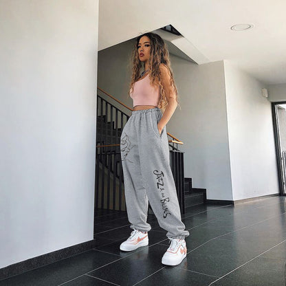 High Waist All-Match Print Loose Sports Leg Straight Trousers And Trousers