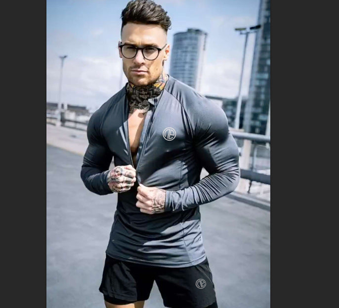 Zipper Neck Fitness Shirts Men Black Long Sleeve GYM Sport Tshirt