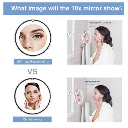 Miroir de maquillage éclairé par LED lumineuse, pivotant à 360°, grossissant 10x