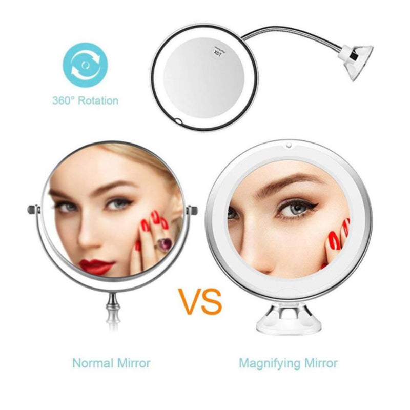 Miroir de maquillage éclairé par LED lumineuse, pivotant à 360°, grossissant 10x