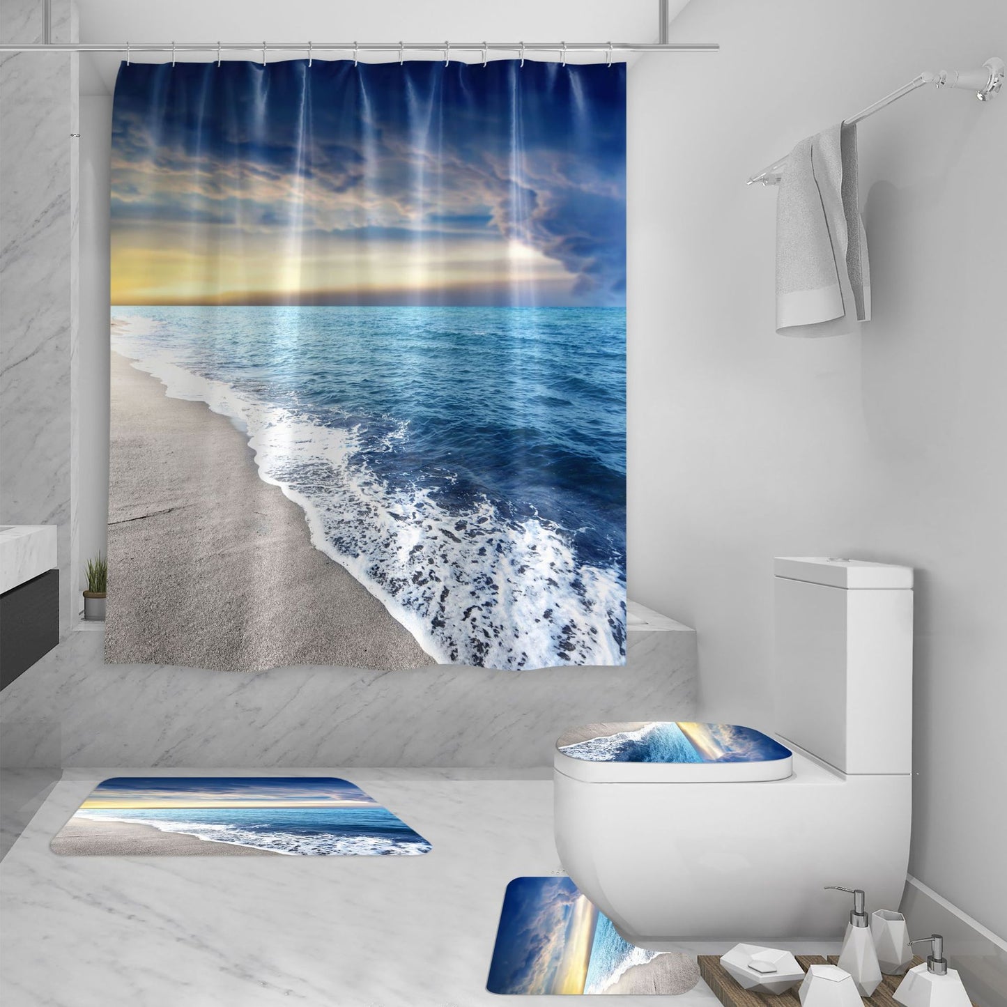 Shower Curtain Set 3D Sea View Beach Digital Printing Shower Curtain Waterproof Polyester