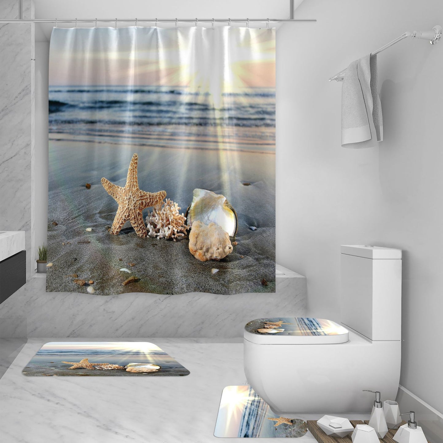 Shower Curtain Set 3D Sea View Beach Digital Printing Shower Curtain Waterproof Polyester