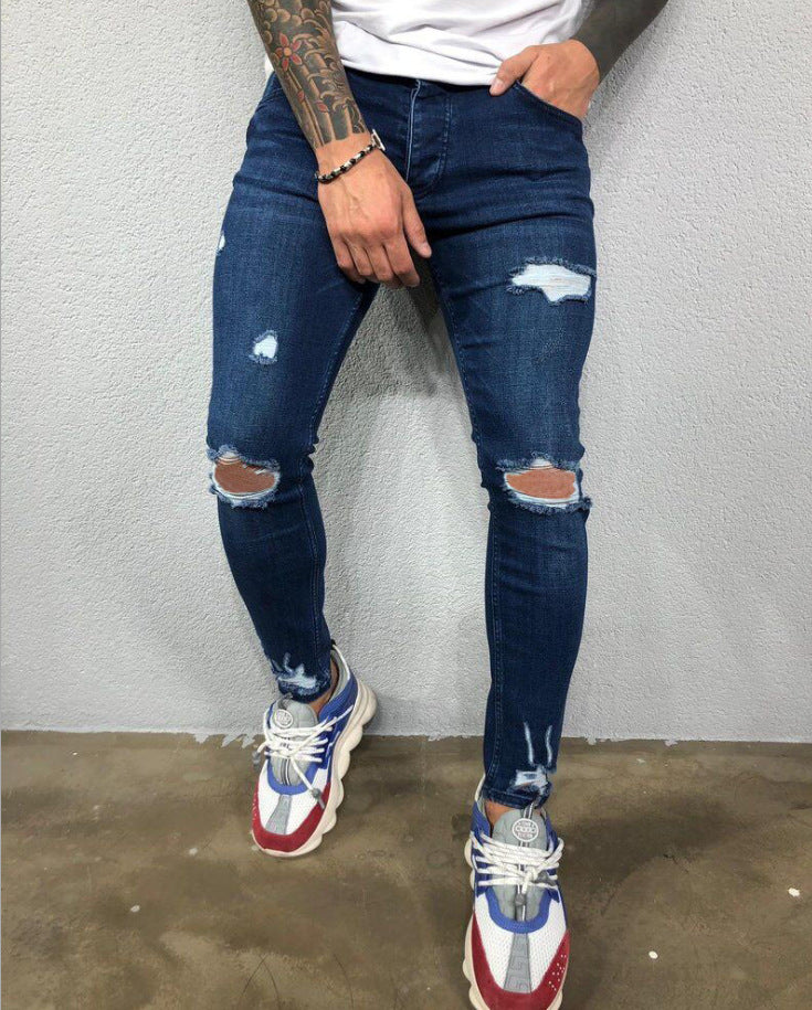 Men Jeans Black Blue Cool Skinny Knee Hole Ripped Stretch Slim Elastic Denim Pants Solid Color High Street Style Trousers Man